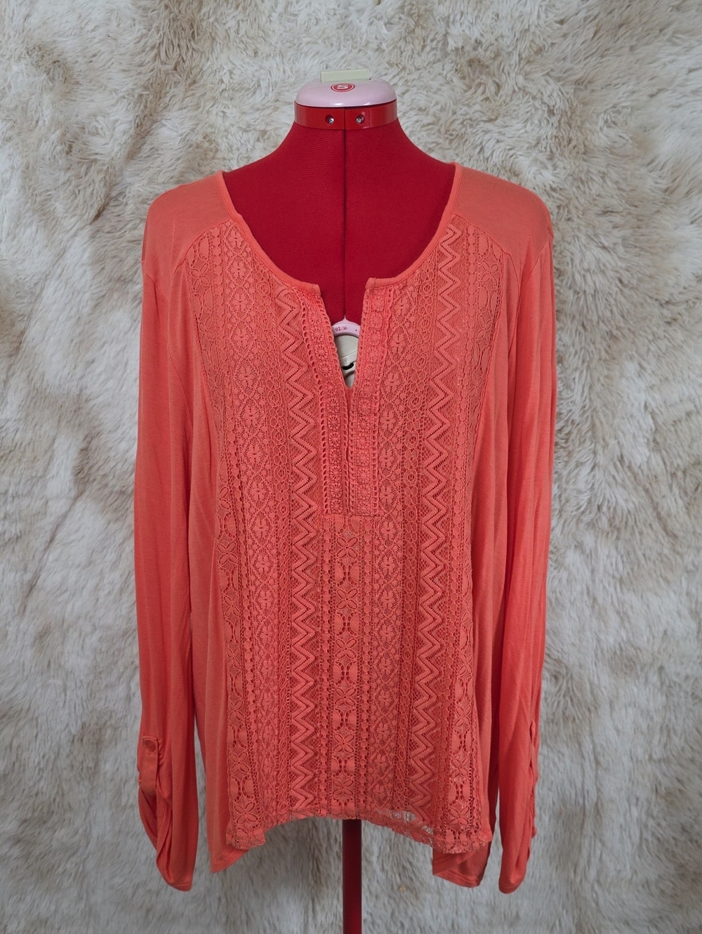 XB XL Coral Crochet Lace Panel Long Sleeve Stretch Top Women's Split Neck